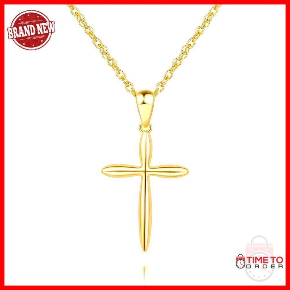 14K Gold Cross Pendant Necklace Minimalist Design Rounded Edges